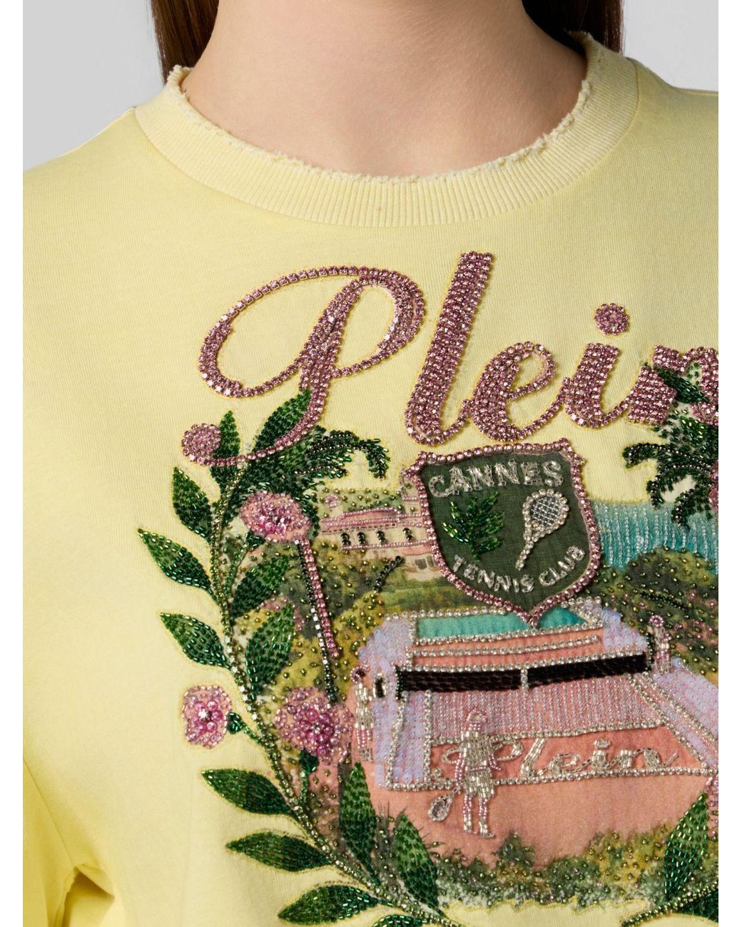 Philipp Plein Blue Cropped Cotton T-Shirt With Jacquard Logo And Fringed Hem