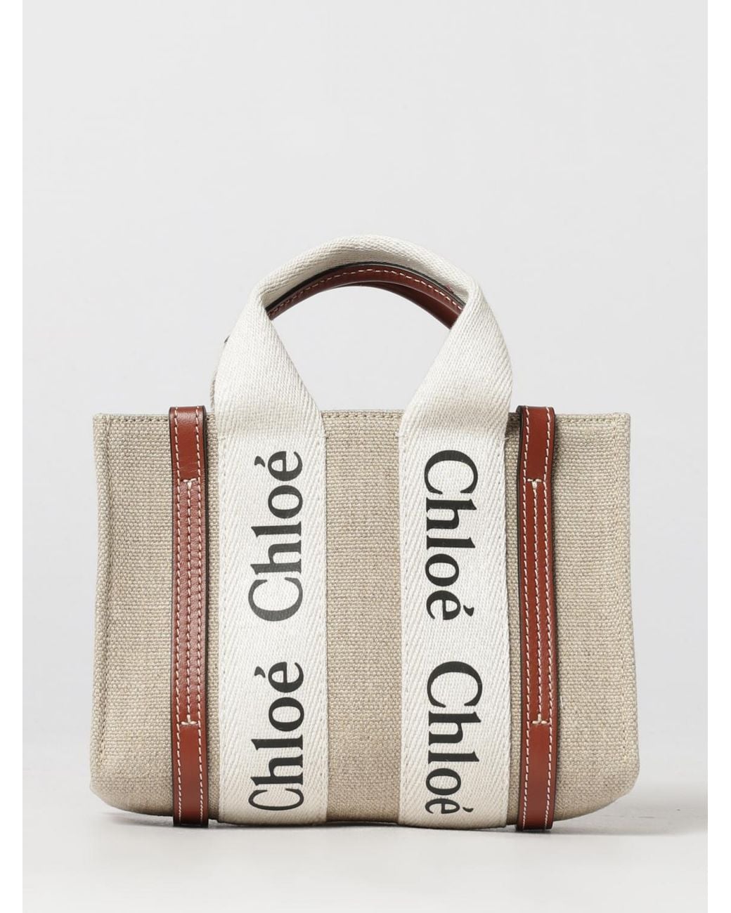 Chloé Natural ChloÉ Woody Mini Linen And Cotton Tote Bag With Logo Handles