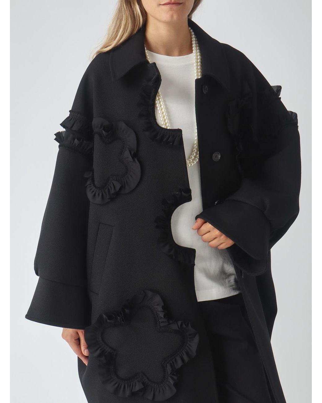MEIMEIJ Black Oversized Single-Breasted Wool Blend Coat With Floral Appliqué