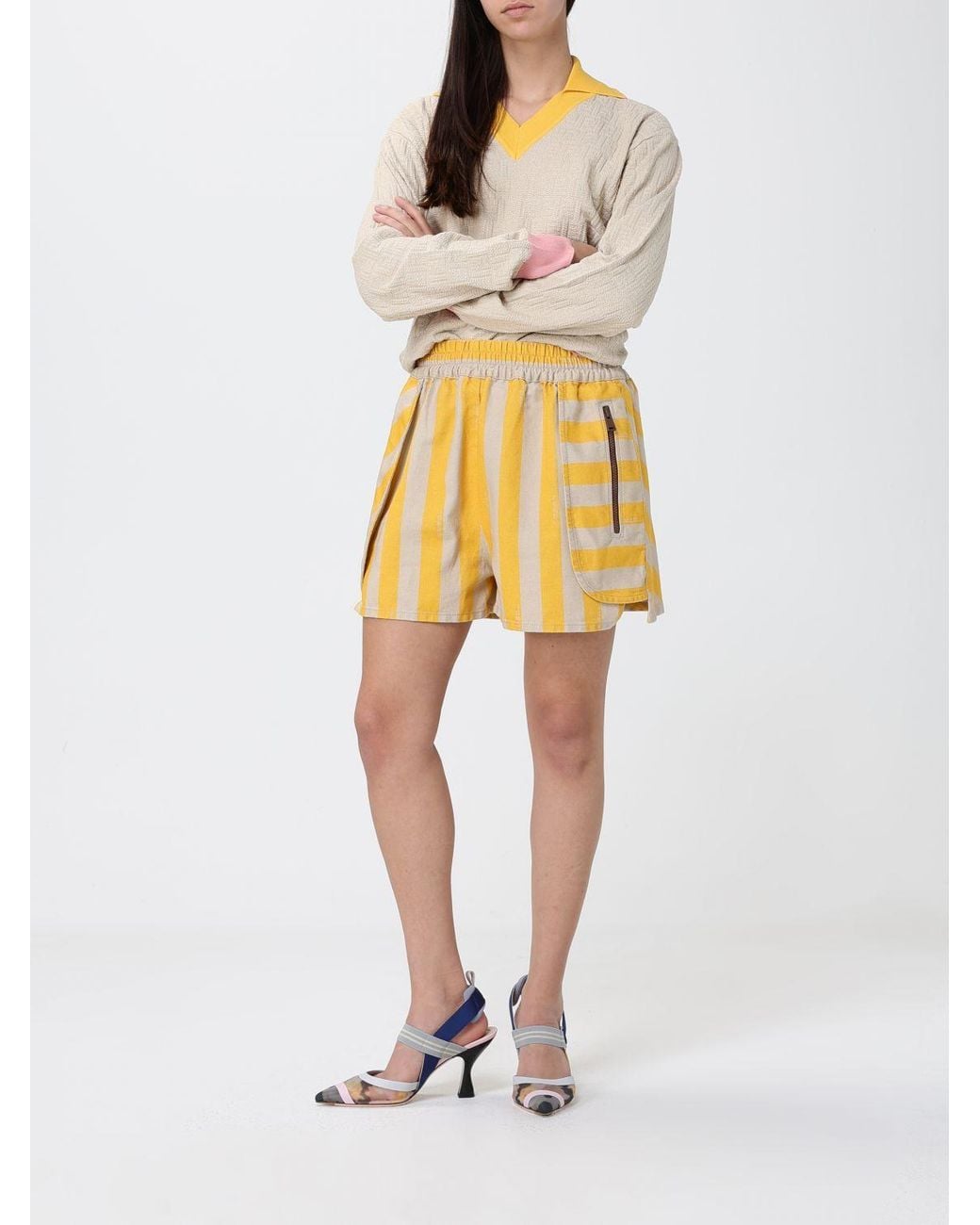 Pantalones Cortos De Algodón Y Seda A Rayas Fendi de color Yellow