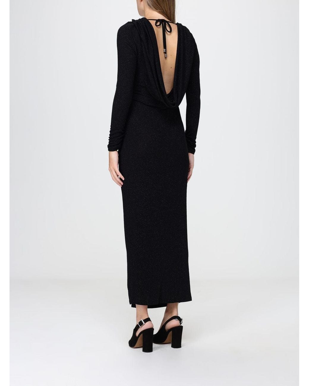 Hanita Black Draped Lurex Jersey Midi Sheath Dress With Side Slit