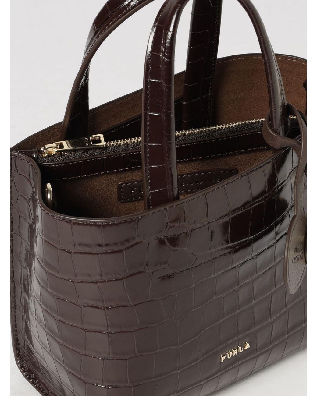 Furla Black Crocodile-Embossed Leather Mini Handbag With Logo Charm