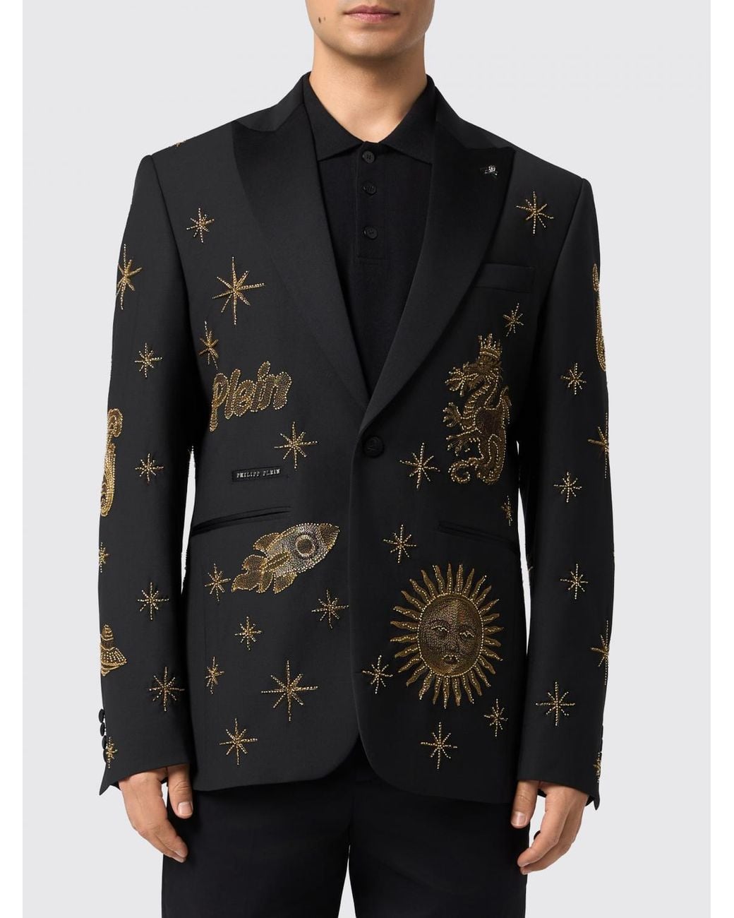 Philipp Plein Black Zodiaco Single-Breasted Wool Blazer With Crystal And Bead Embroidery for men