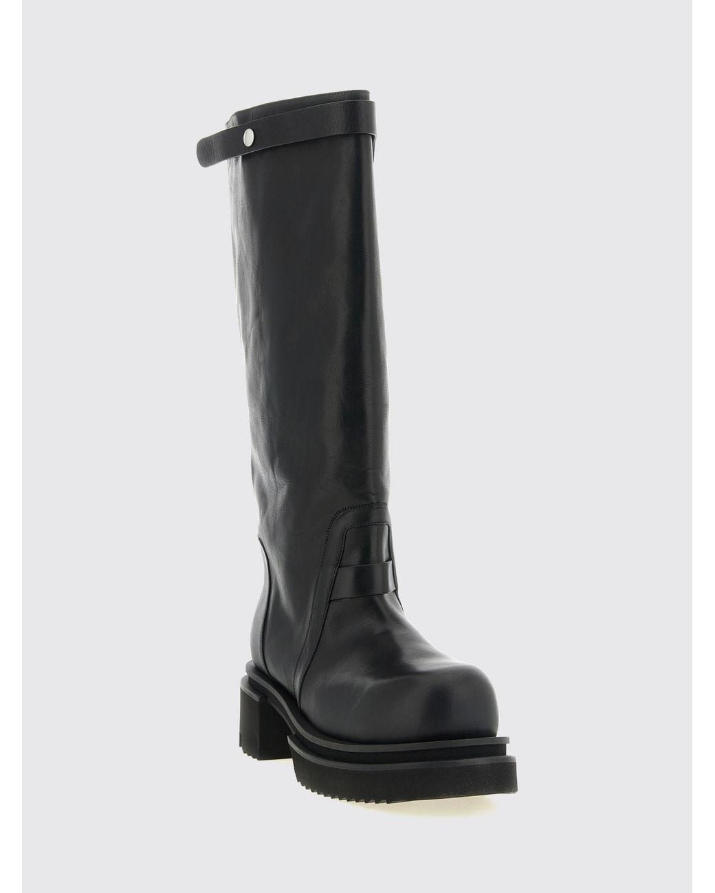 Rick Owens Black Knee-High Calfskin Leather Biker Boots With Lug Sole for men