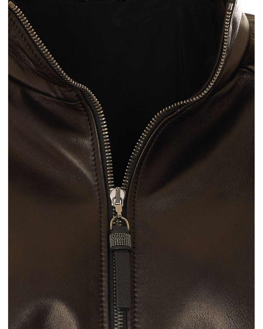 Brunello Cucinelli Black Relaxed Fit Lambskin Leather Bomber Jacket With High Neck