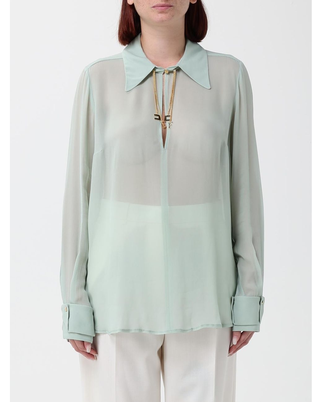 Elisabetta Franchi Gray Sheer Georgette Shirt With Jewel Collar