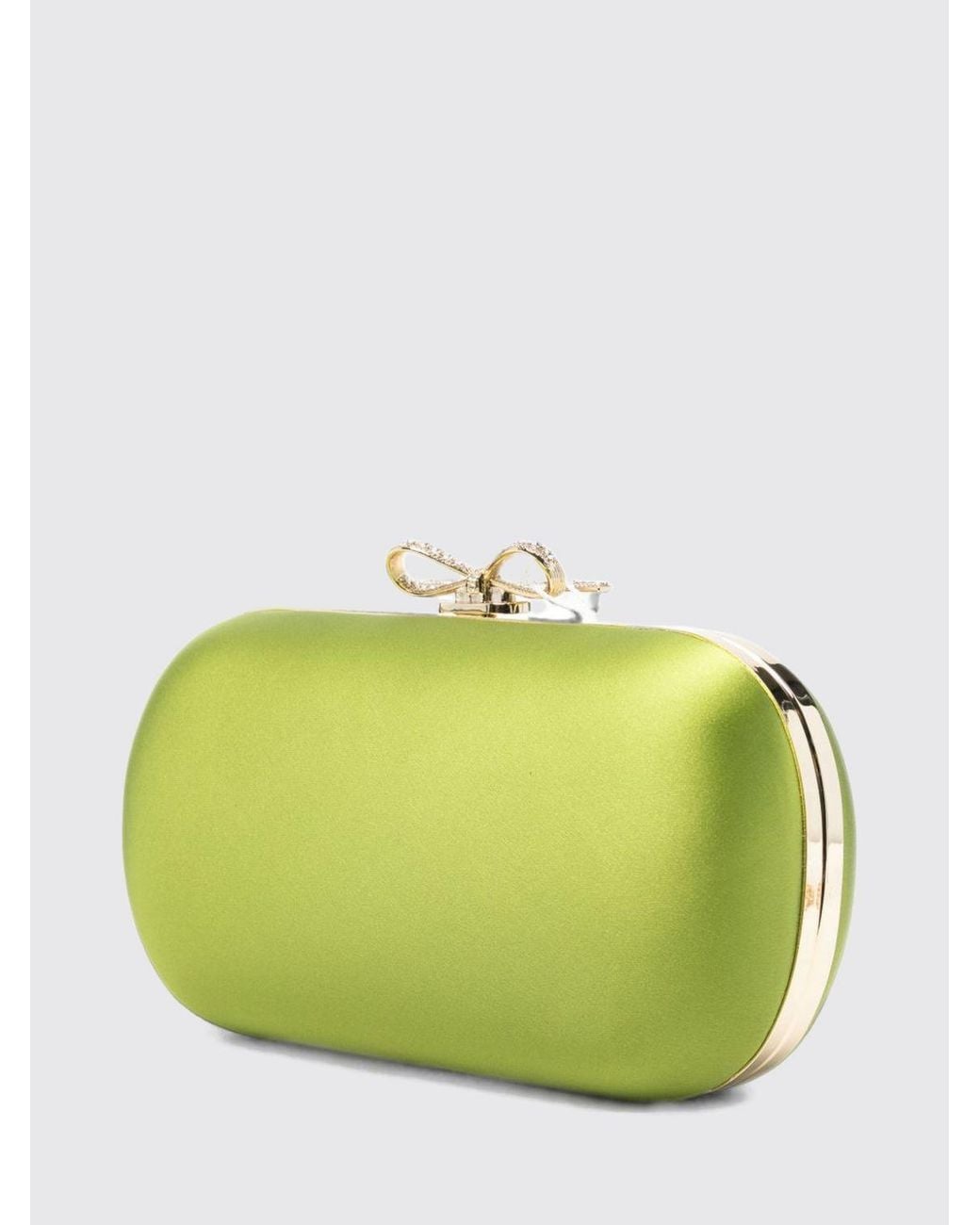Self-Portrait Green Oval Satin Mini Clutch With Bow And Crystal Embellishments