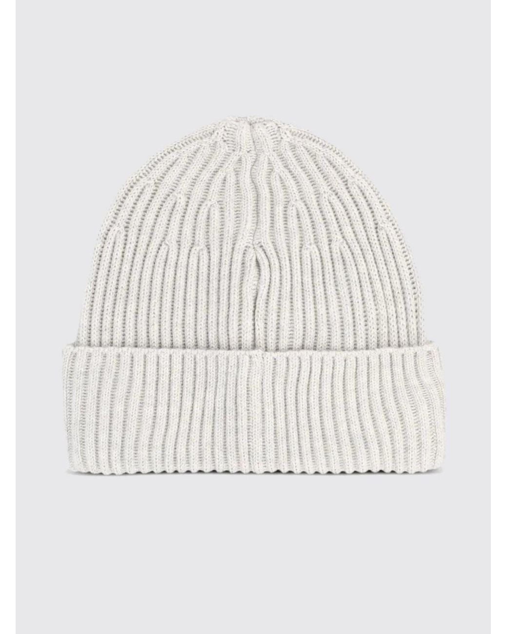 Stone Island White Ribbed Rws Virgin Wool Beanie Hat With Compass Logo Patch for men