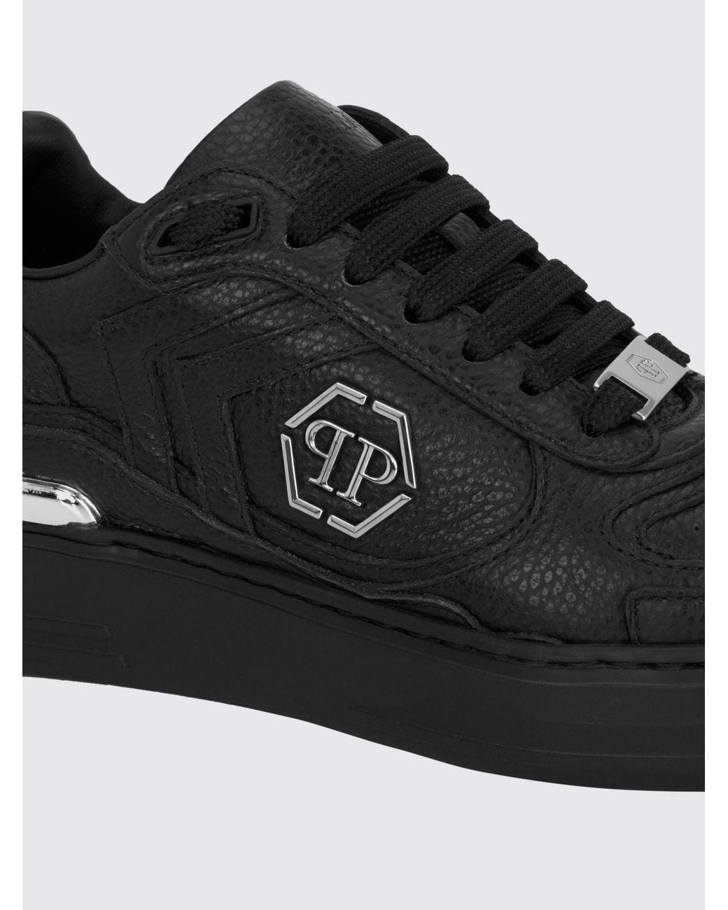 Philipp Plein Black Pit-$Top Monogram Leather Low-Top Trainers With Hexagon Logo for men