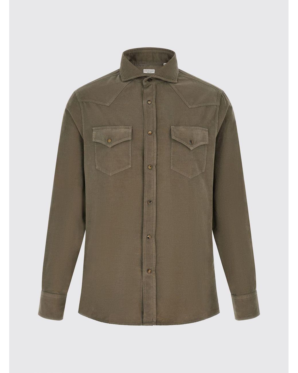 Brunello Cucinelli Green Slim Fit Velvet Shirt With French Collar And Pockets for men