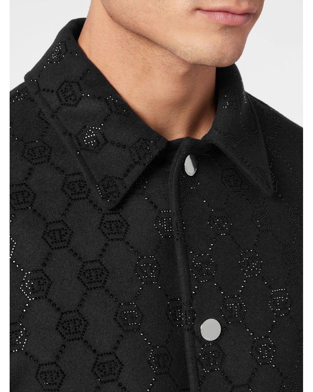 Philipp Plein Black Rhinestone Monogram Wool Bomber Jacket for men
