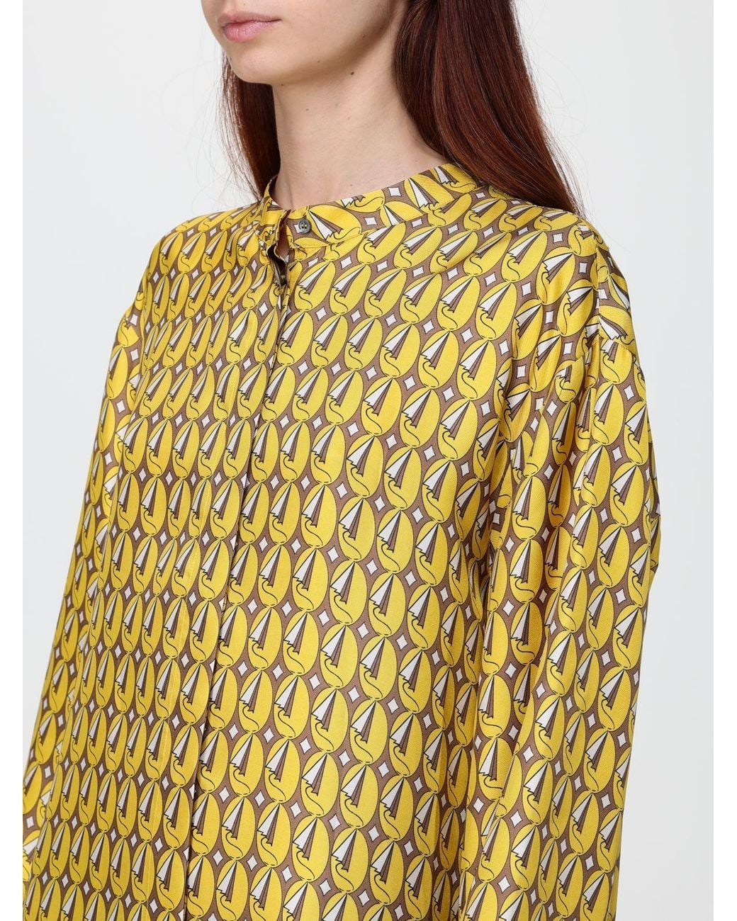 Max Mara Yellow Graphic Print Silk Chemisier Midi Dress With Mandarin Collar