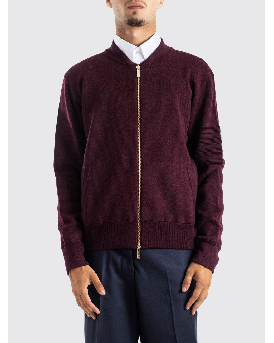 Thom Browne Purple Wool Knit Zip-Up Sweatshirt With Bomber Collar And 4-Bar Motif for men