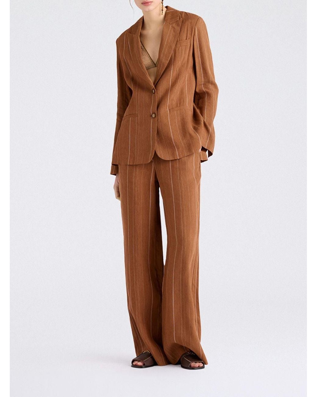 Momoní Brown Momon&Igrave Pinstriped Linen Blend Single-Breasted Blazer