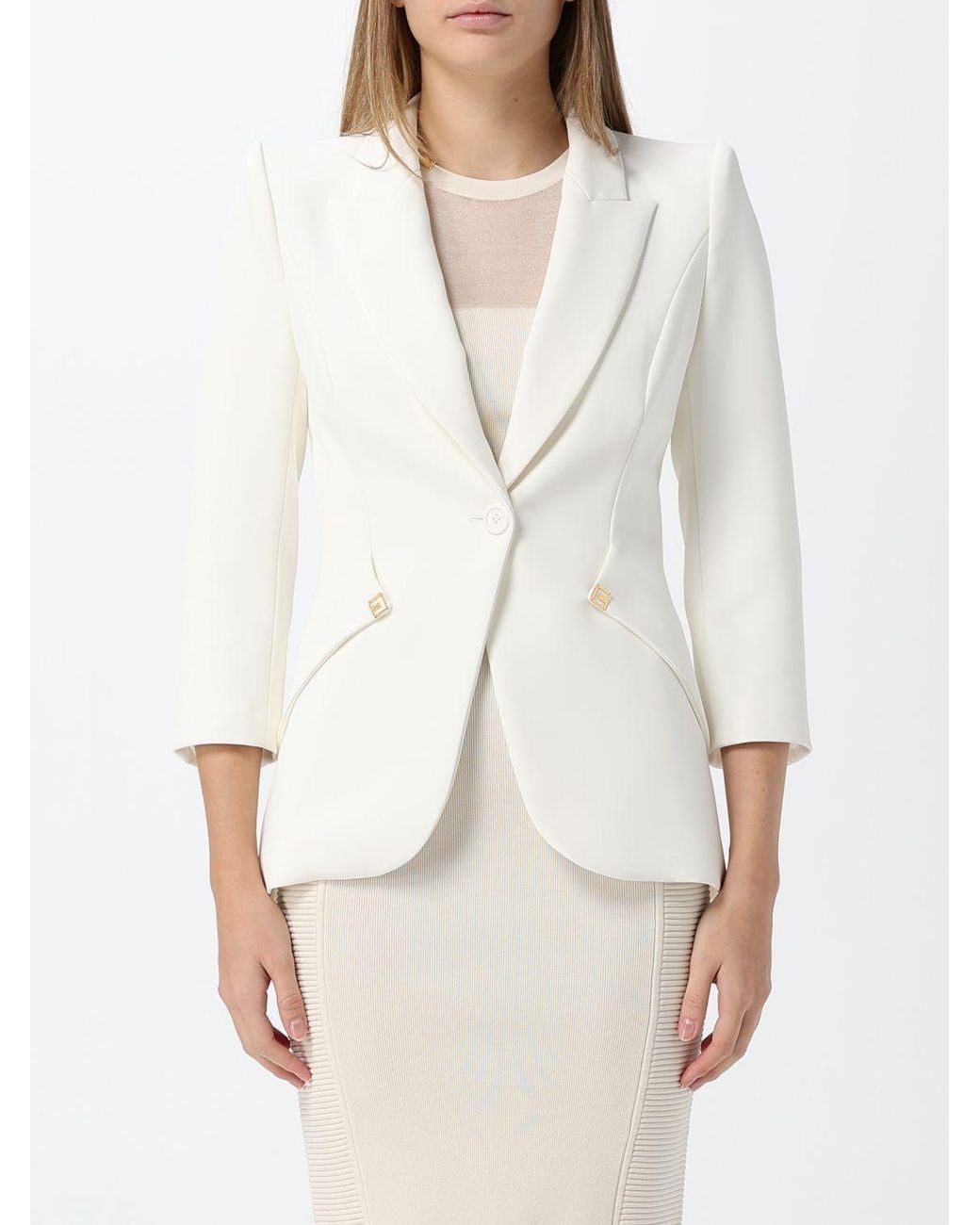 Elisabetta Franchi White Cropped Single-Breasted Slim Fit Blazer With Peak Lapels