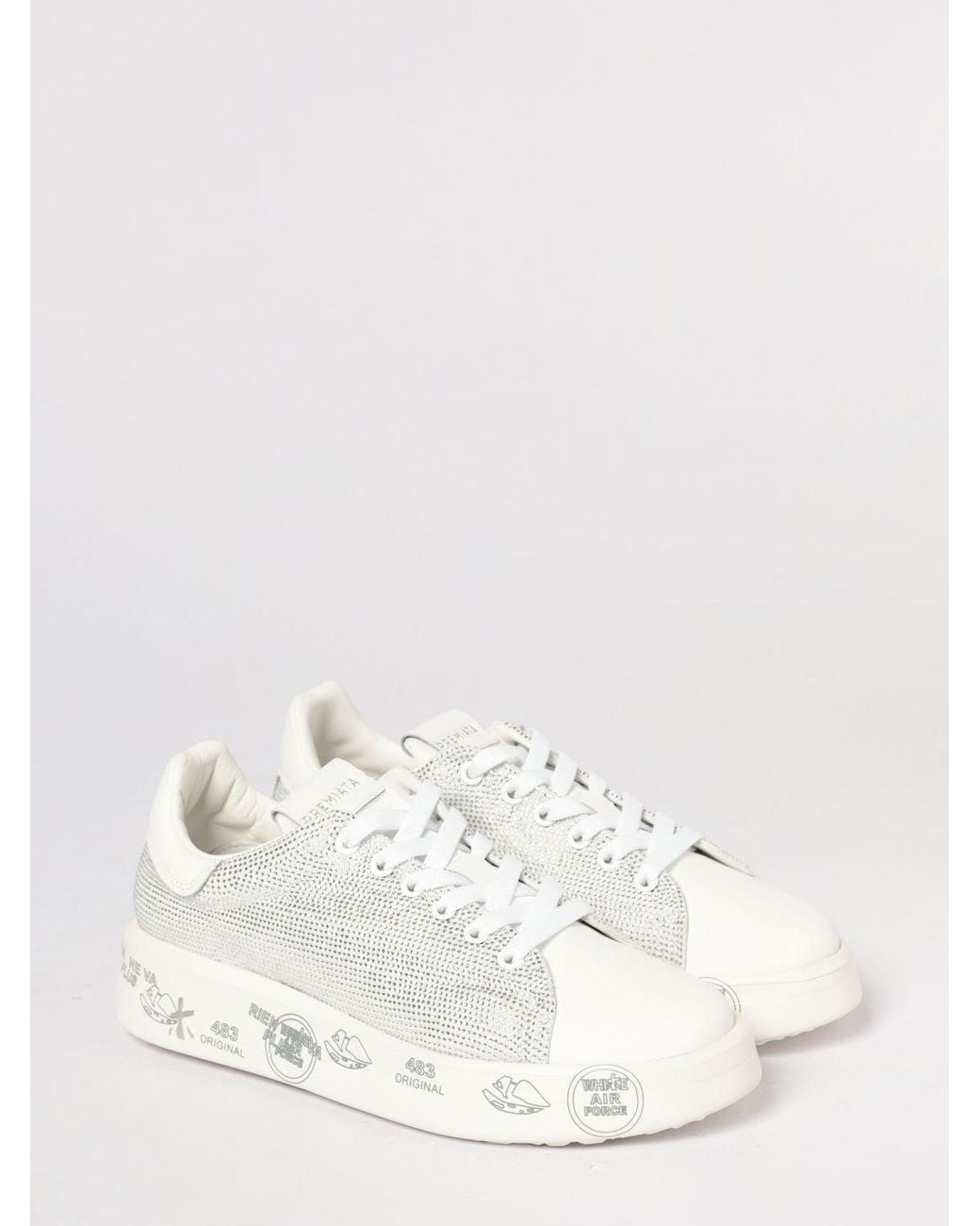 Premiata White Belle Leather Sneakers With Rhinestones
