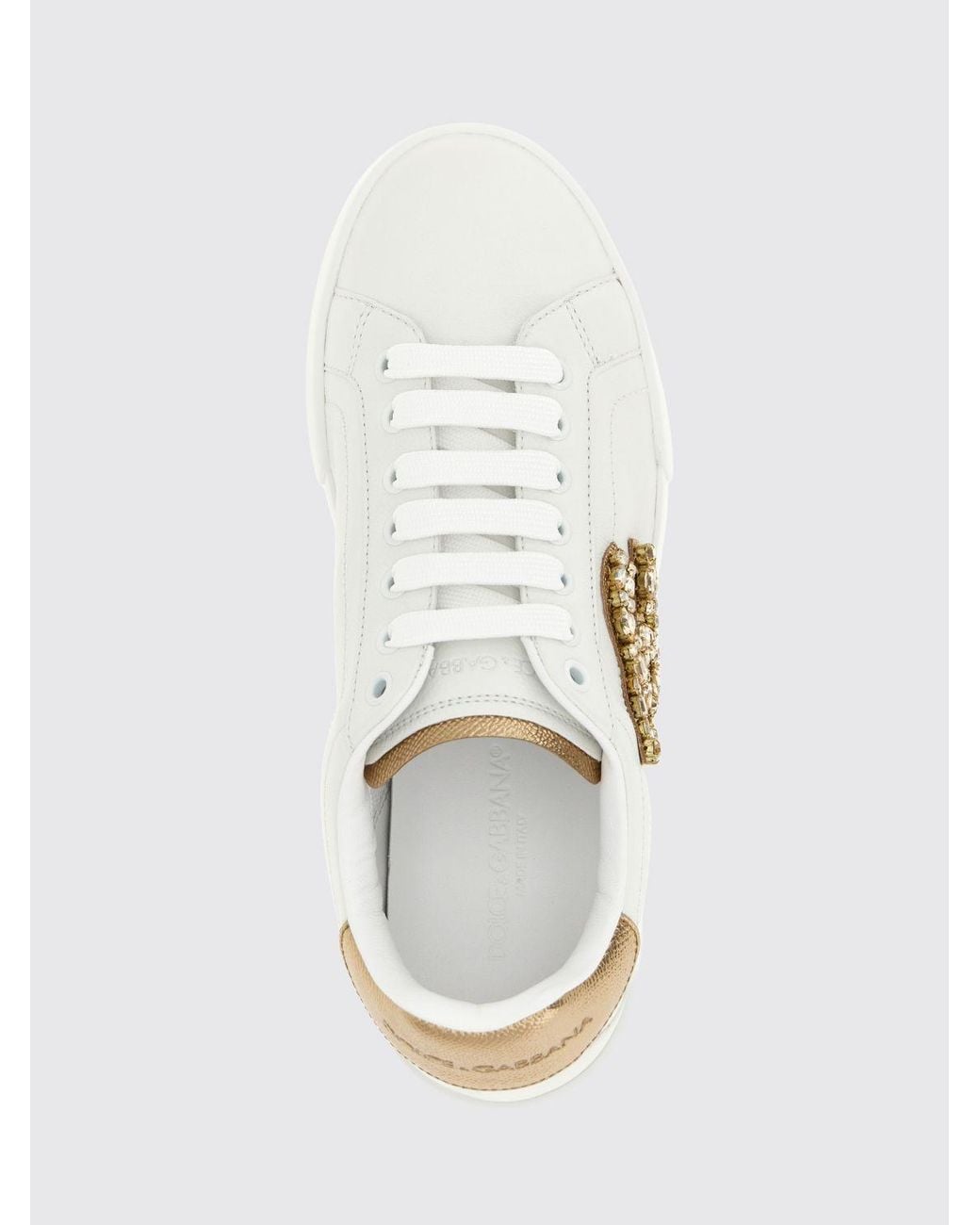 Dolce & Gabbana White Dolce &Amp Gabbana Portofino Smooth Calfskin Sneakers With Rhinestone Dg Monogram