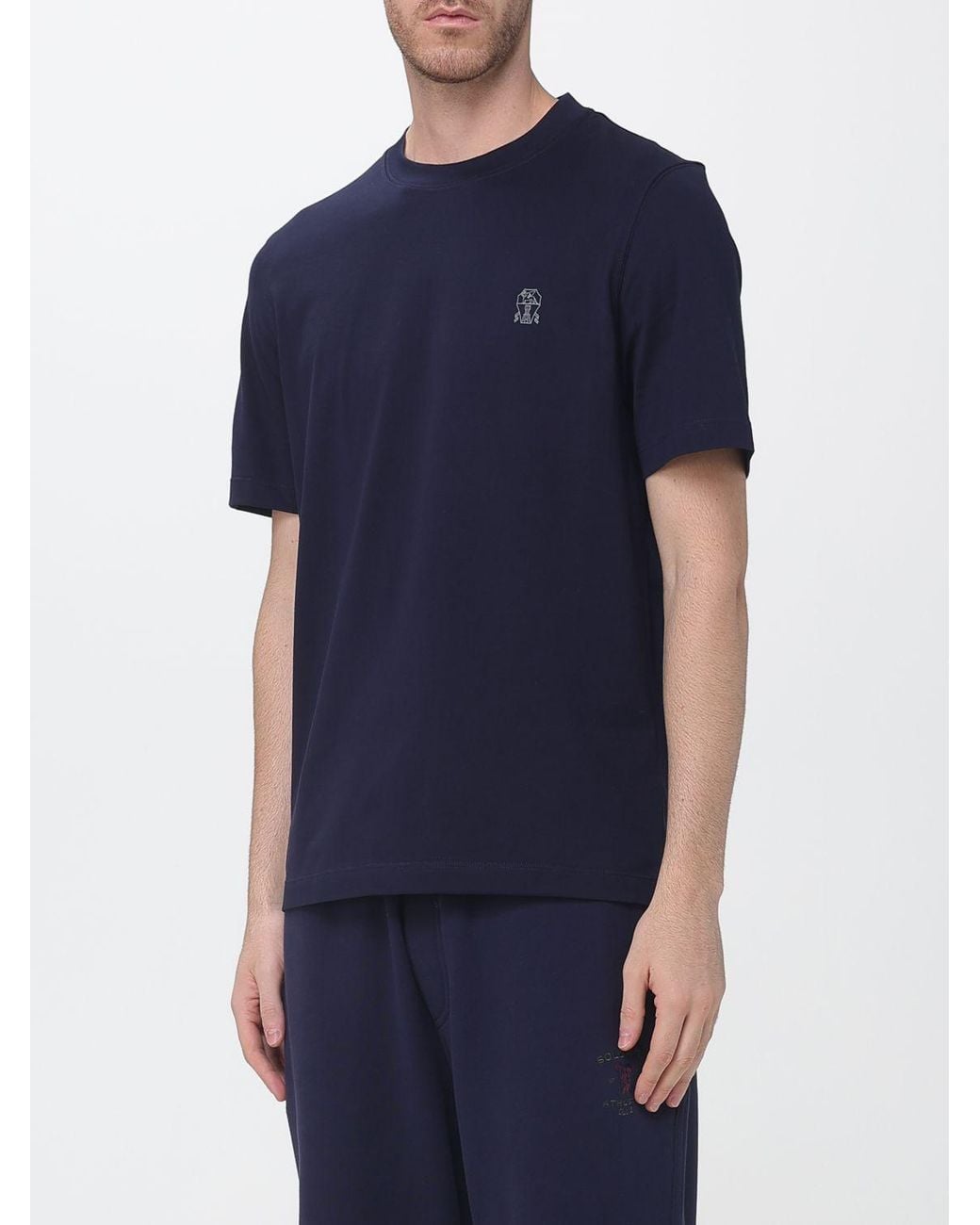 Brunello Cucinelli Blue Cotton Crew-Neck T-Shirt With Contrast Logo for men