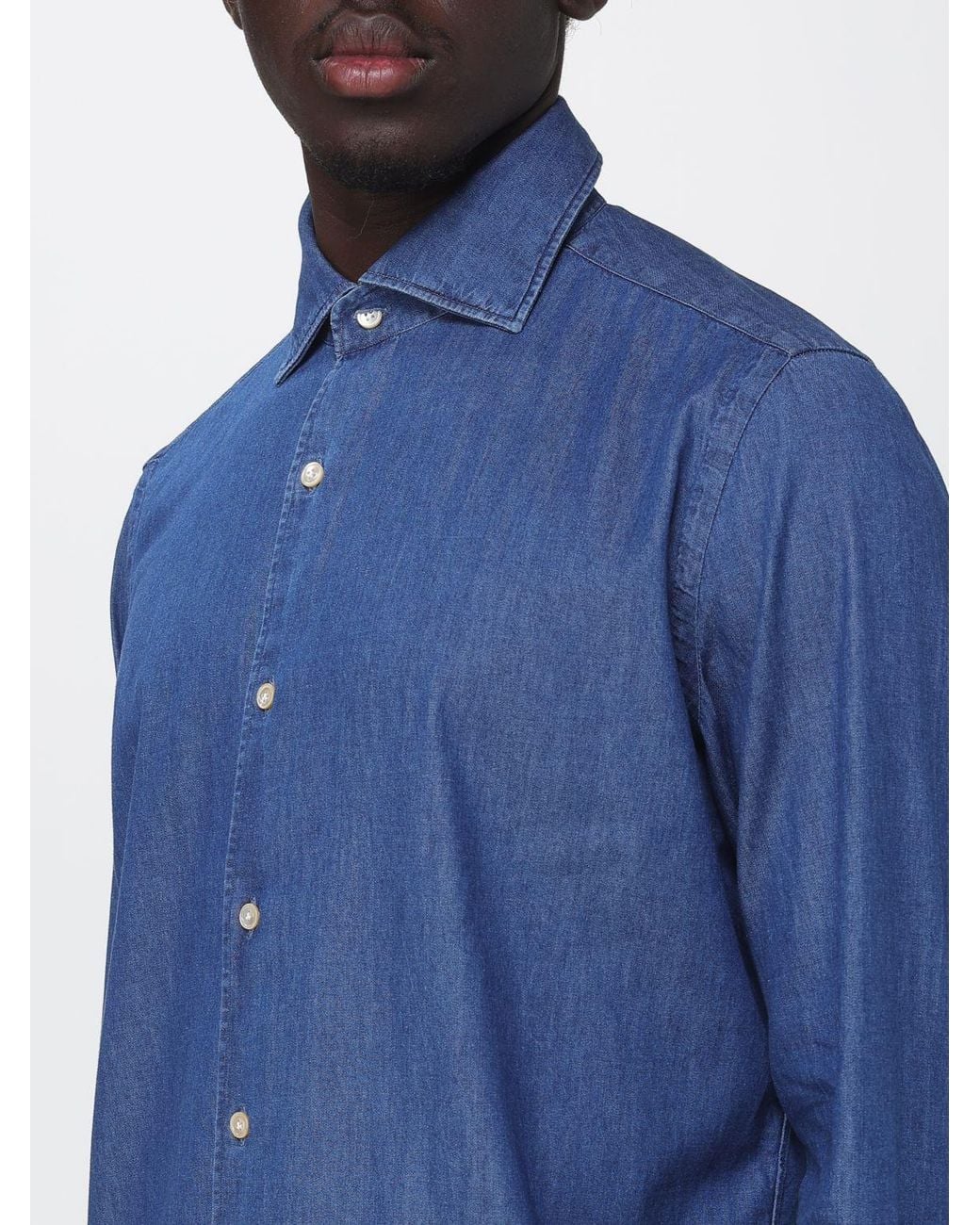 Luigi Borrelli Napoli Blue Luciano Long-Sleeve Cotton Shirt With French Collar for men