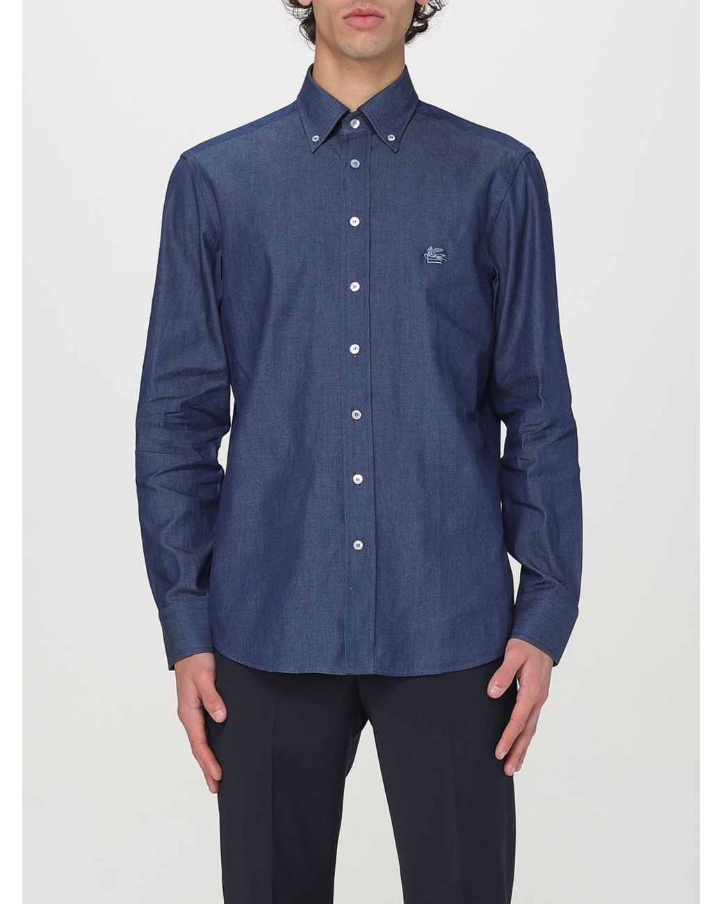 Etro Blue Cotton Shirt With Logo for men