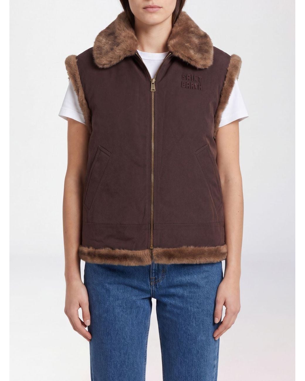 Mc2 Saint Barth Brown Cropped Faux Fur Vest With Zip Closure And Slit Pockets