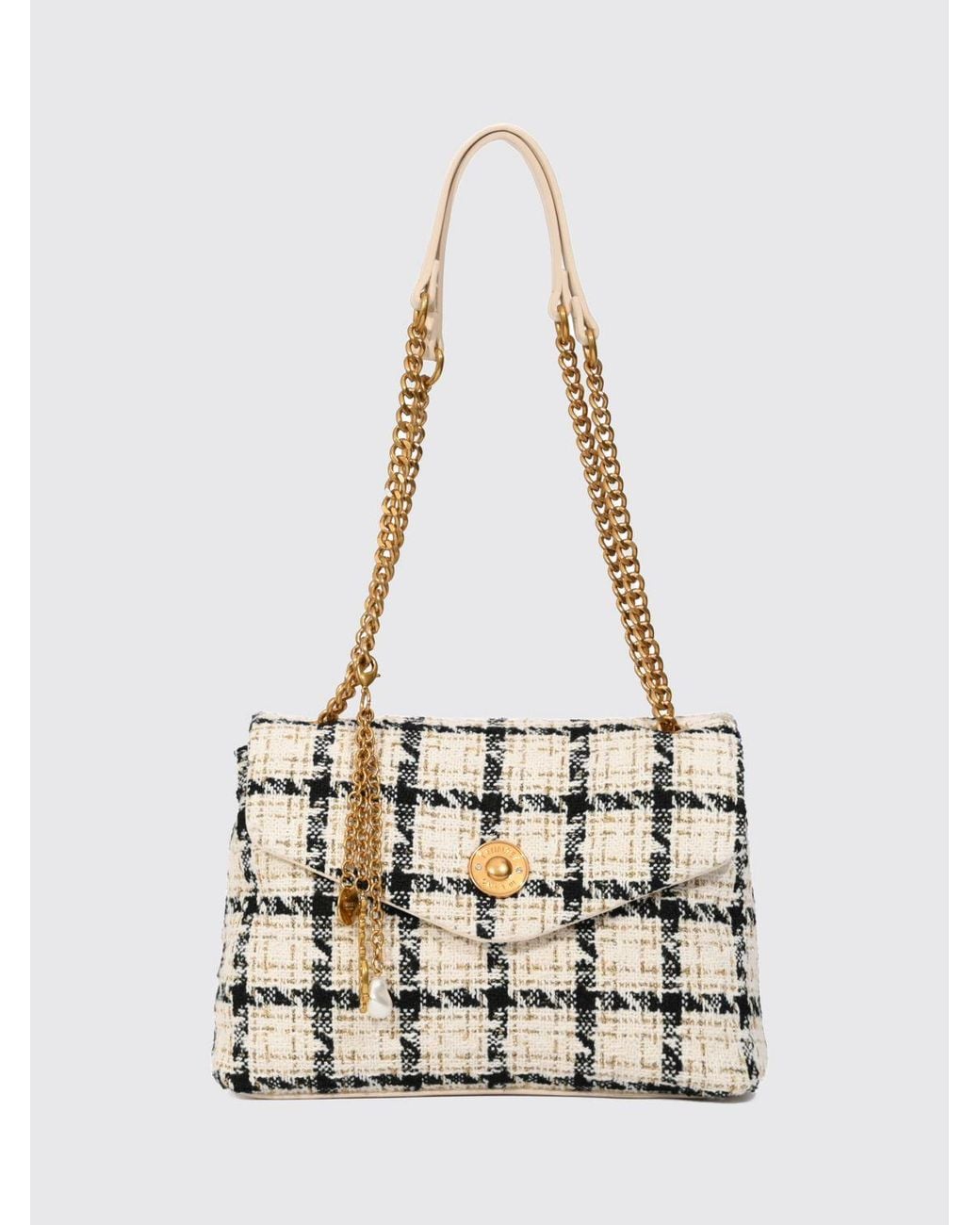 Twinset White Check Bouclé Shoulder Bag With Charm And Chain Handle