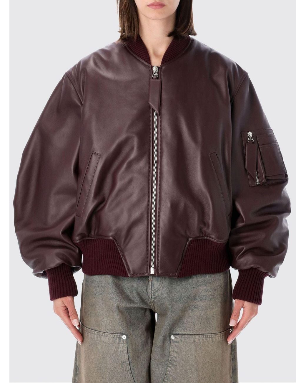 The Attico Brown Oversized Leather Bomber Jacket With Dropped Shoulders