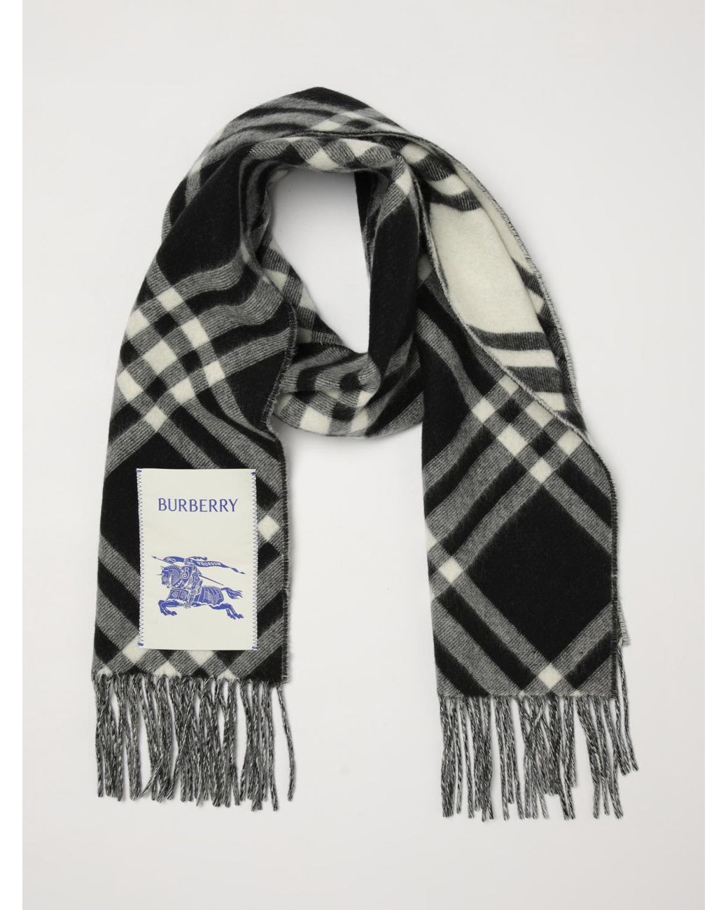 Burberry Black Fringed Check Pure Cashmere Scarf for men