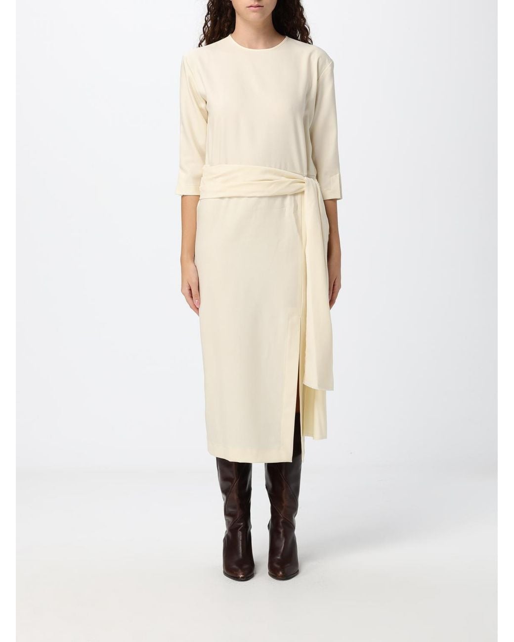 Crida Milano Natural Gertrude Wool Midi Sheath Dress With Long Sleeves And Waist Belt