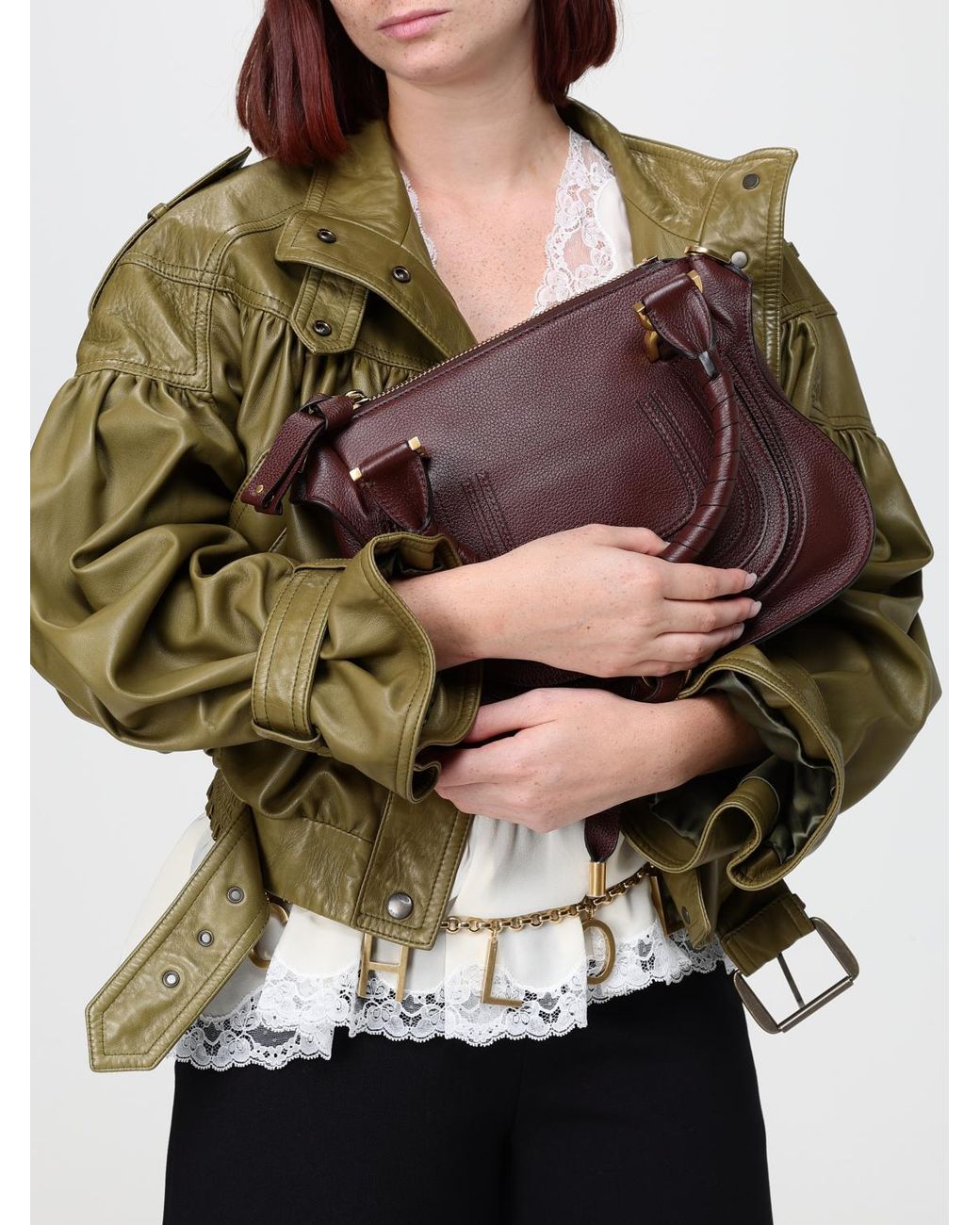 Chloé Brown ChloÉ Marcie Small Grained Calfskin Handbag With Woven Handles