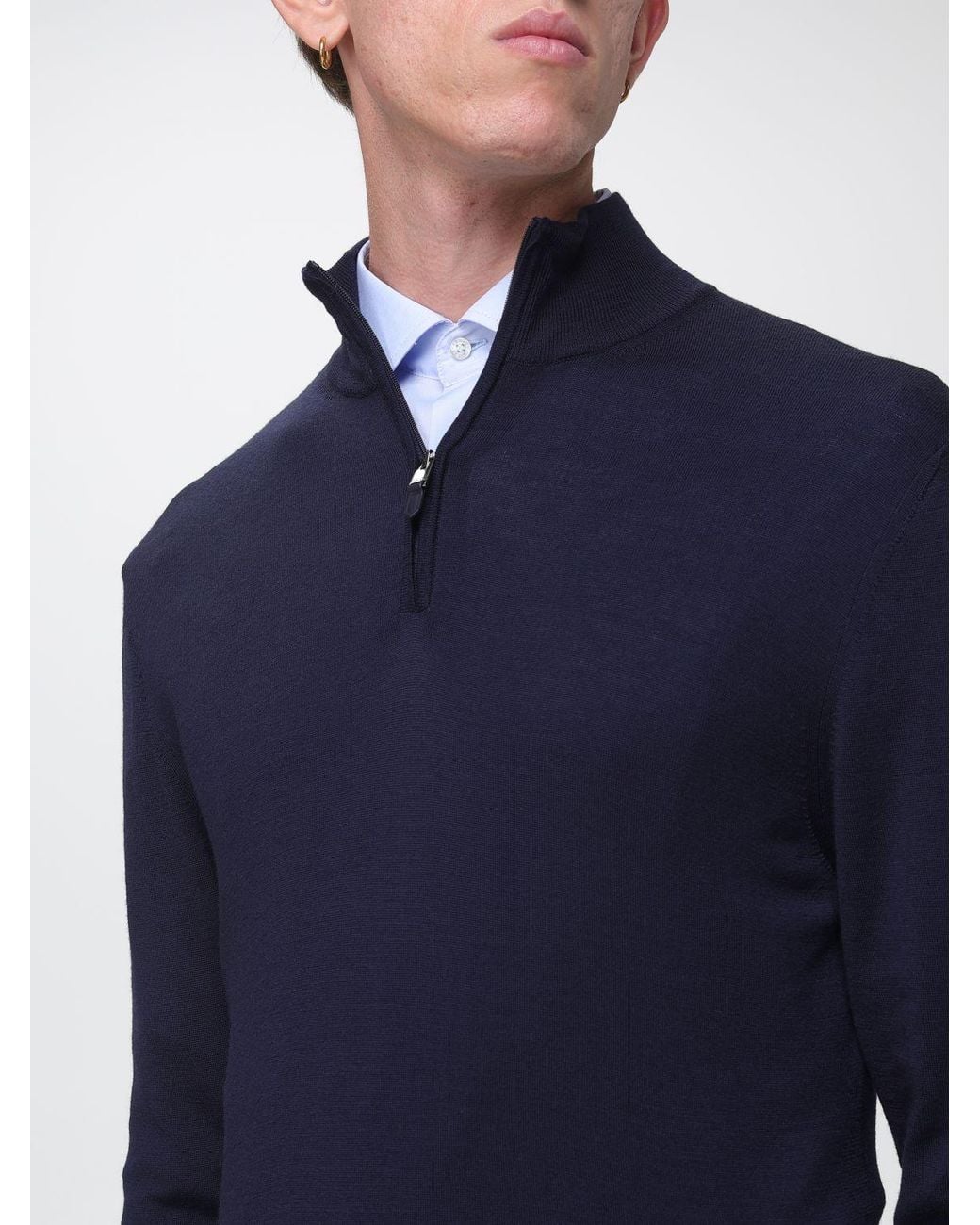 Canali Blue Merino Wool Turtleneck Jumper With Half-Zip Closure for men