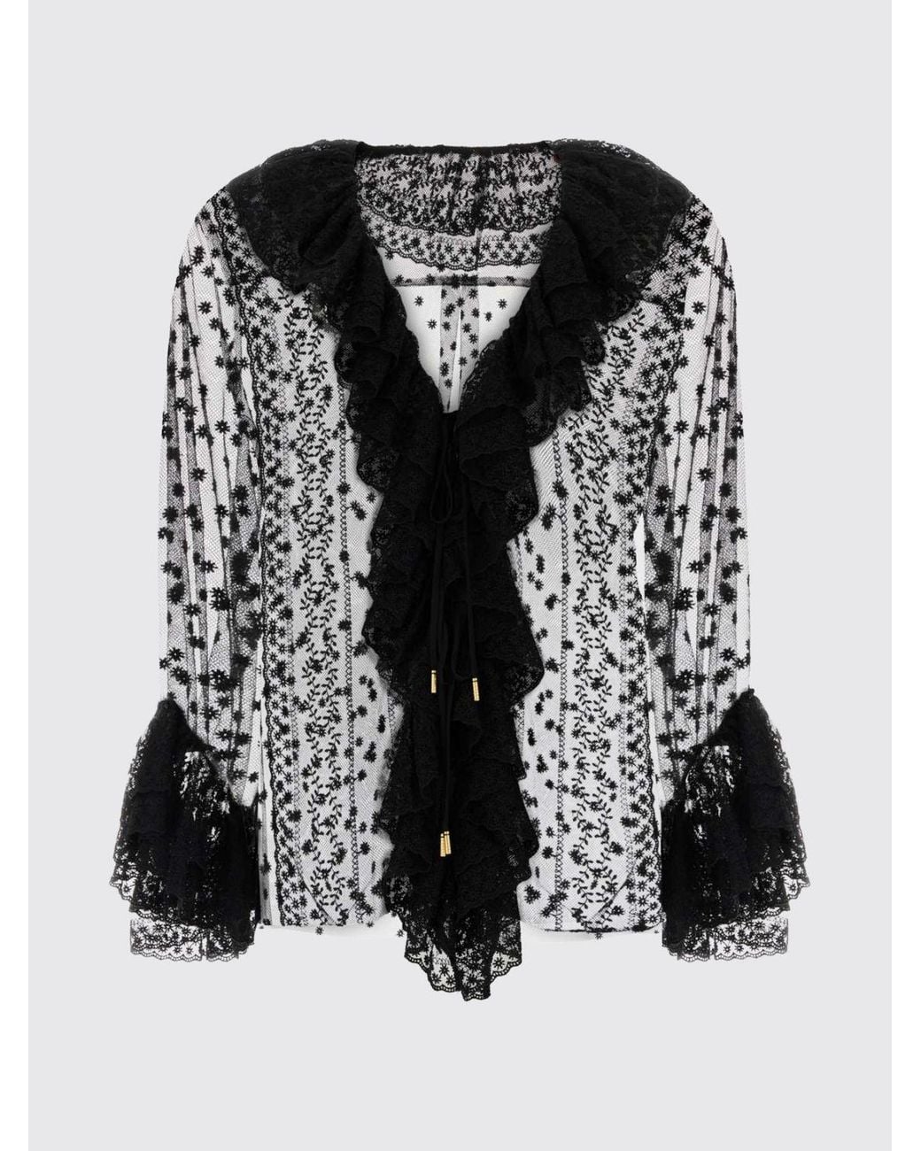 Alberta Ferretti Black Lace Blouse With V-Neck And Ruffle Details
