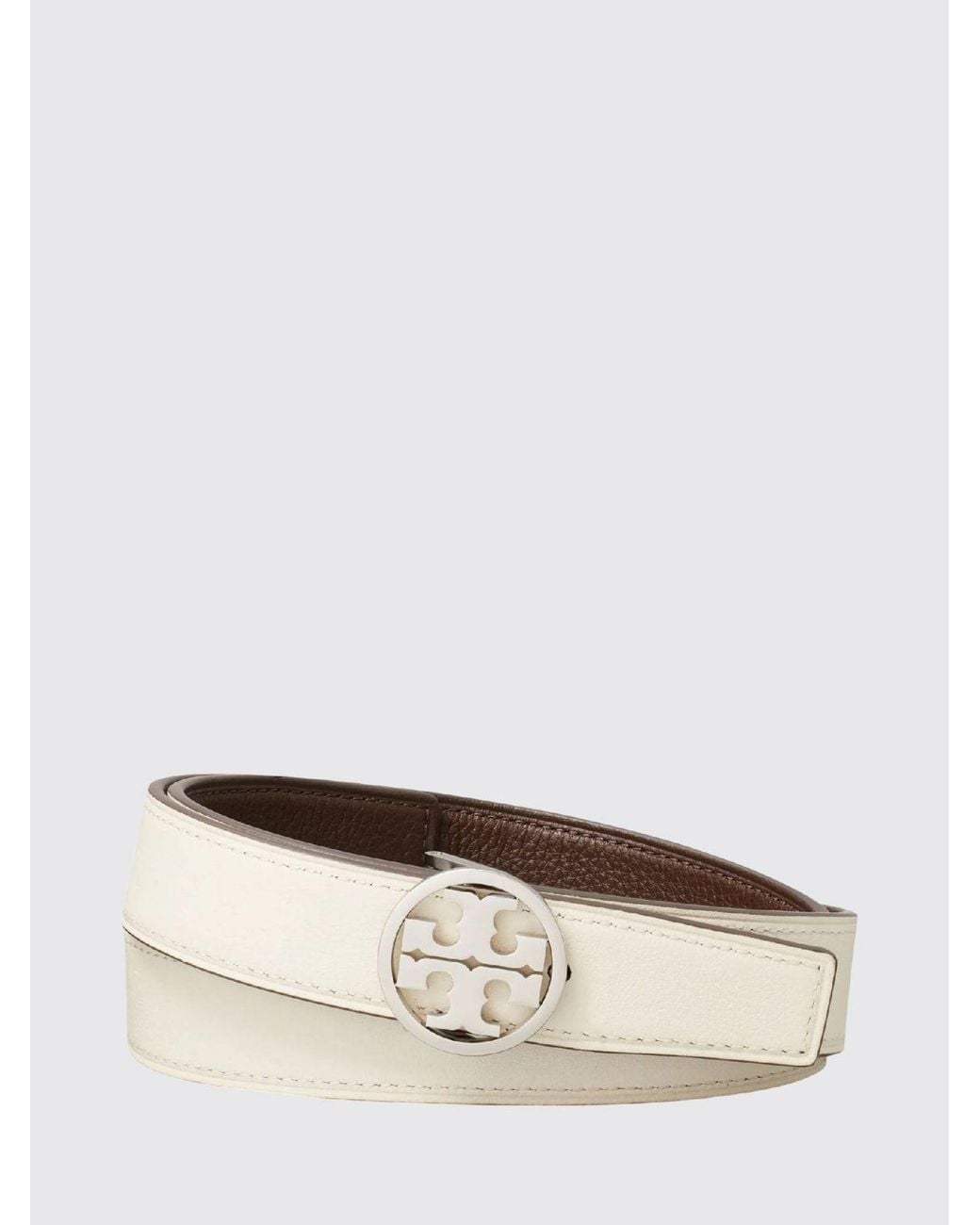 Tory Burch White Miller Reversible Cowhide Leather Belt With Double T Buckle