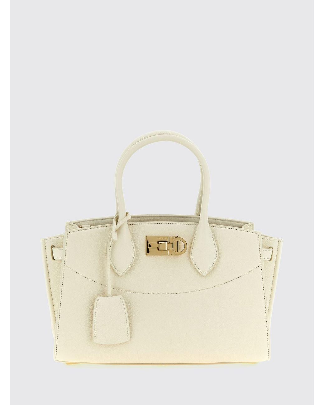 Ferragamo Natural Medium Studio Calfskin Leather Handbag With Gancini Logo