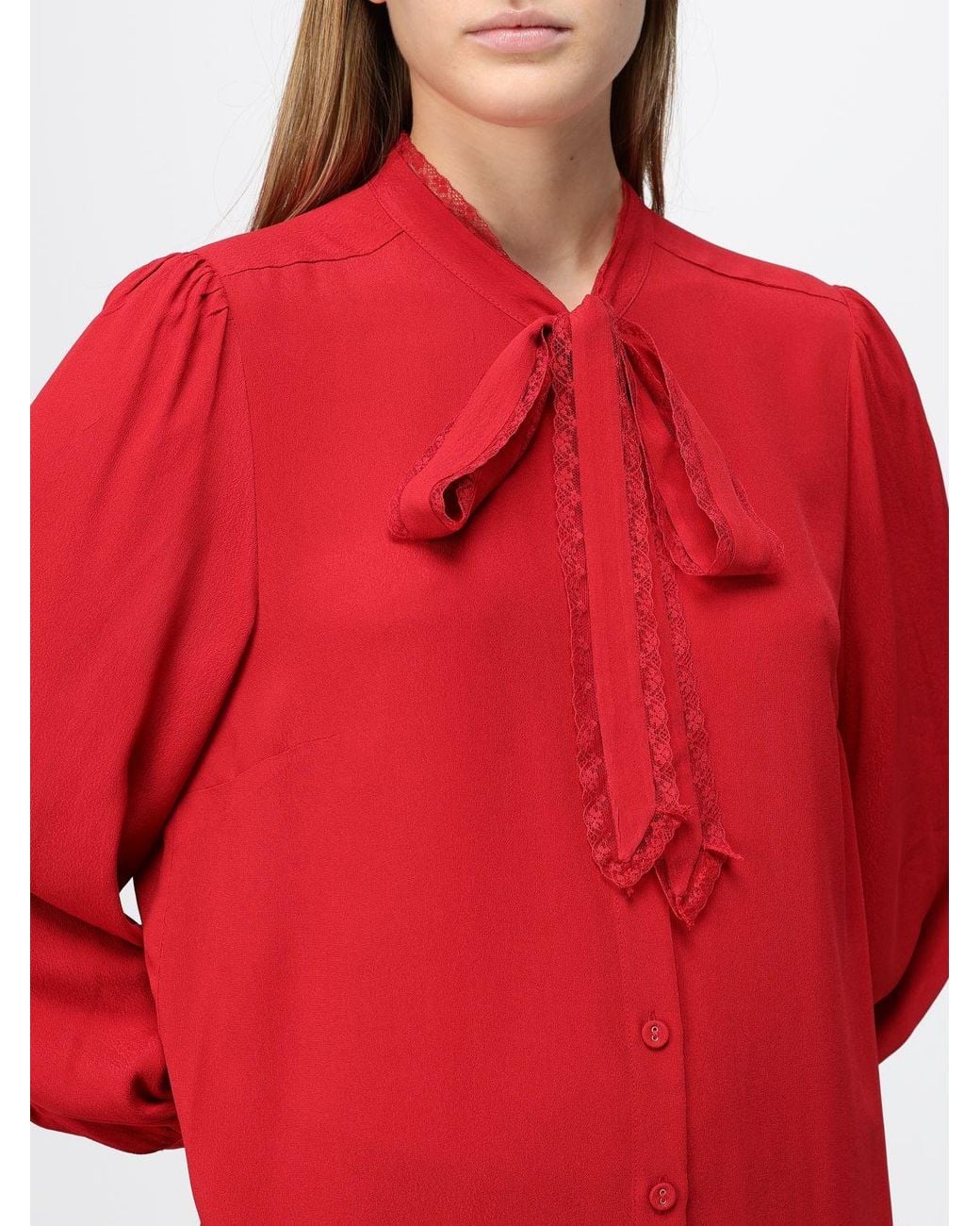Twinset Red Viscose Blouse With Pussy-Bow Collar And Lace Inserts
