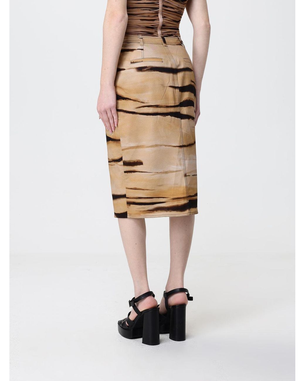 Elisabetta Franchi Natural Animal Print Stretch Cotton Midi Skirt