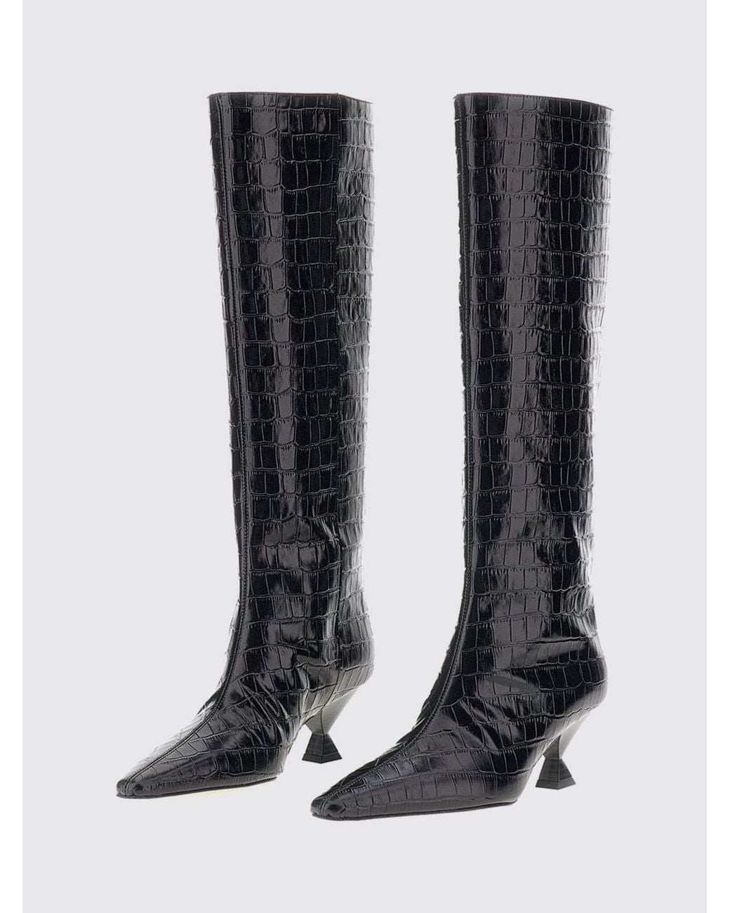 MARIA LUCA Black Noa Knee-High Calfskin Boots With Croc-Effect