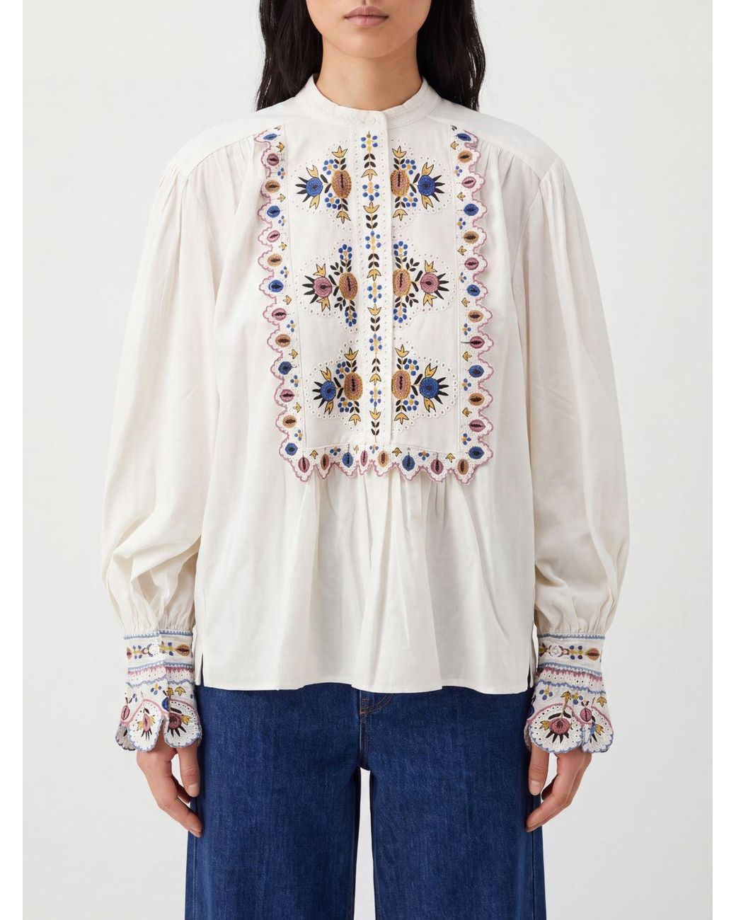 Isabel Marant White Embroidered Linen-Blend Blouse With Ruffled Shoulders