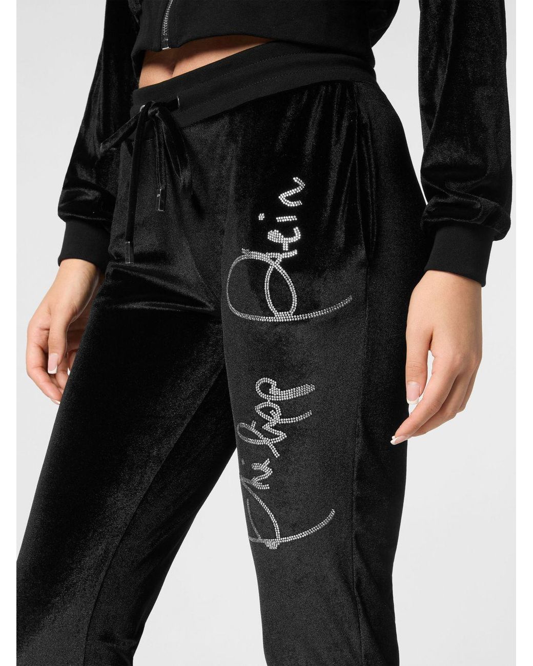 Philipp Plein Black Velvet Track Trousers With Rhinestone Logo