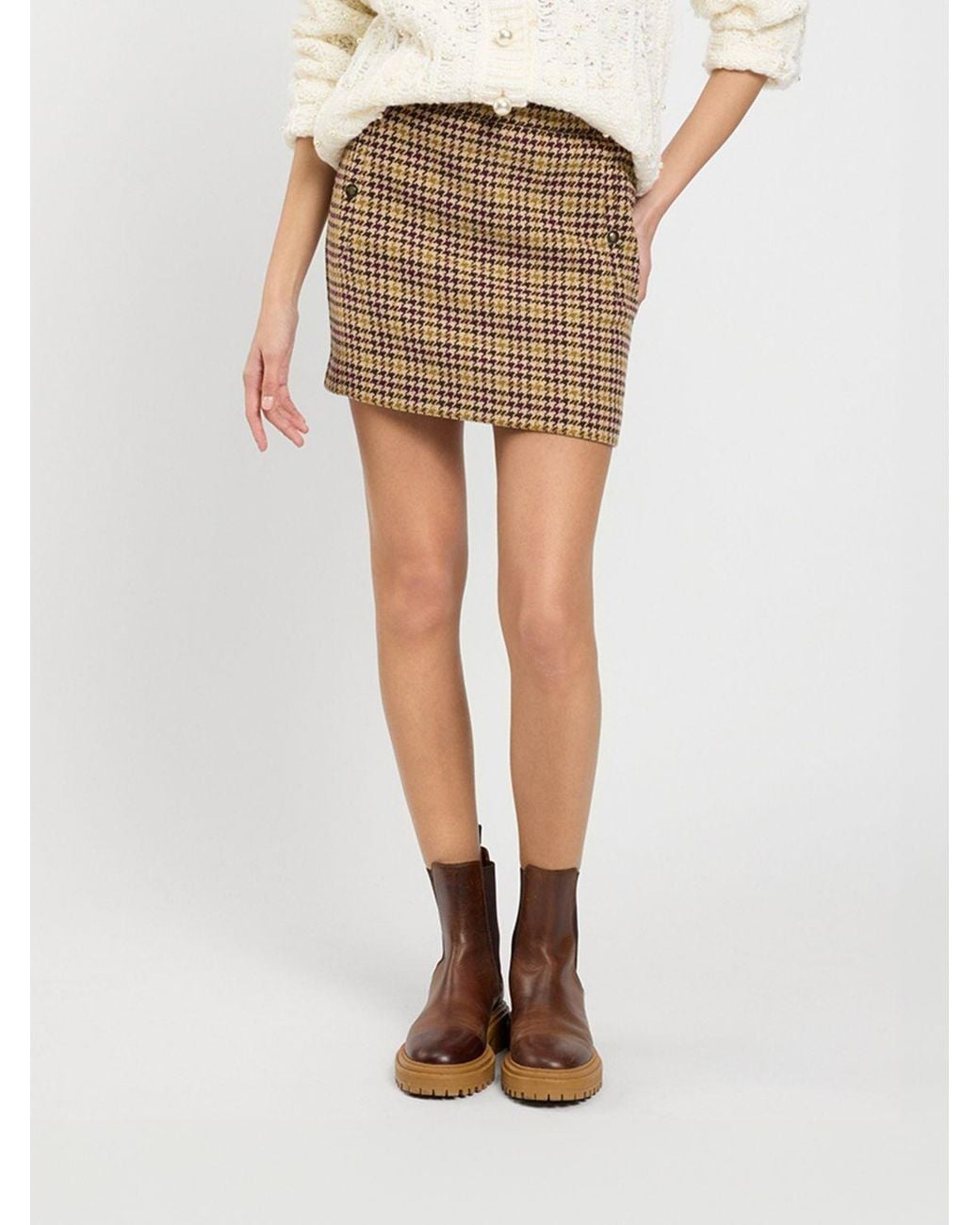 Twinset Natural Slim Fit Houndstooth Cotton-Blend Pencil Mini Skirt