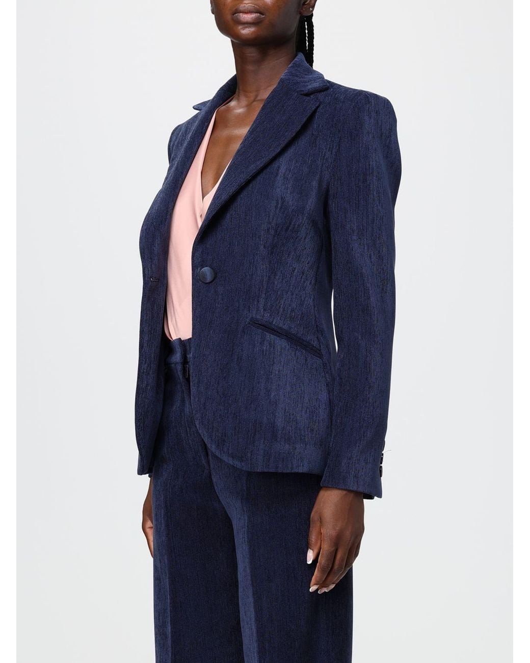 Hanita Blue Single-Breasted Velvet Blazer With Lapel Collar And Slit Pockets