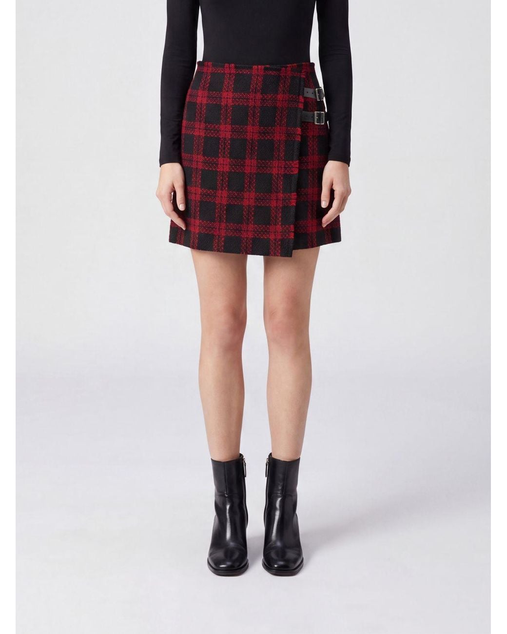 Pinko Red Check Pattern Wool Blend Wrap Mini Skirt
