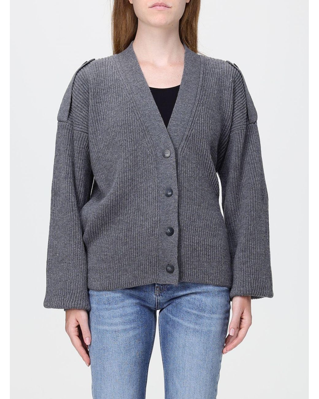 Dondup Gray V-Neck Pure Wool Cardigan With Button Closure And Epaulettes