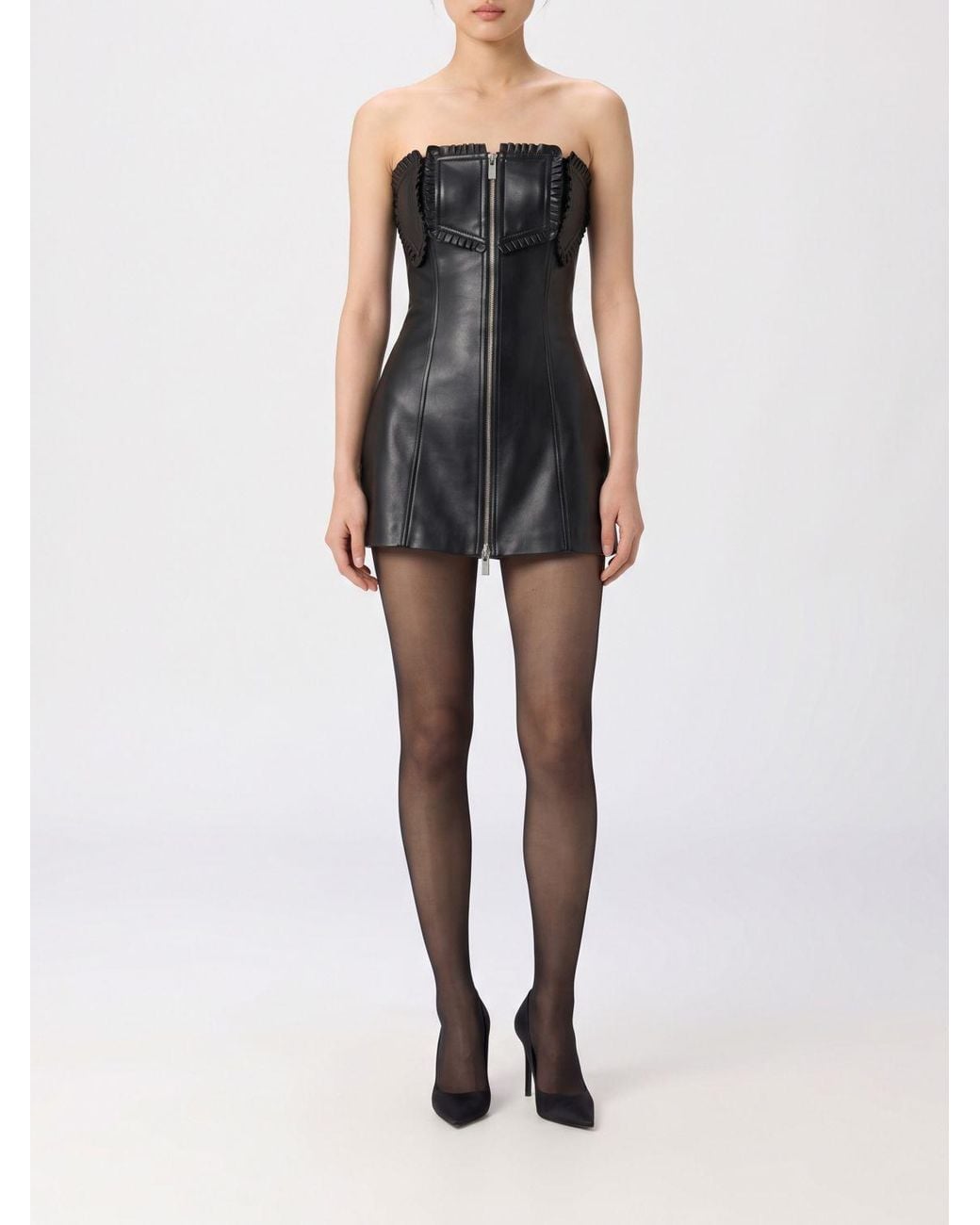 Blumarine Black Off-The-Shoulder Lambskin Leather Sheath Mini Dress