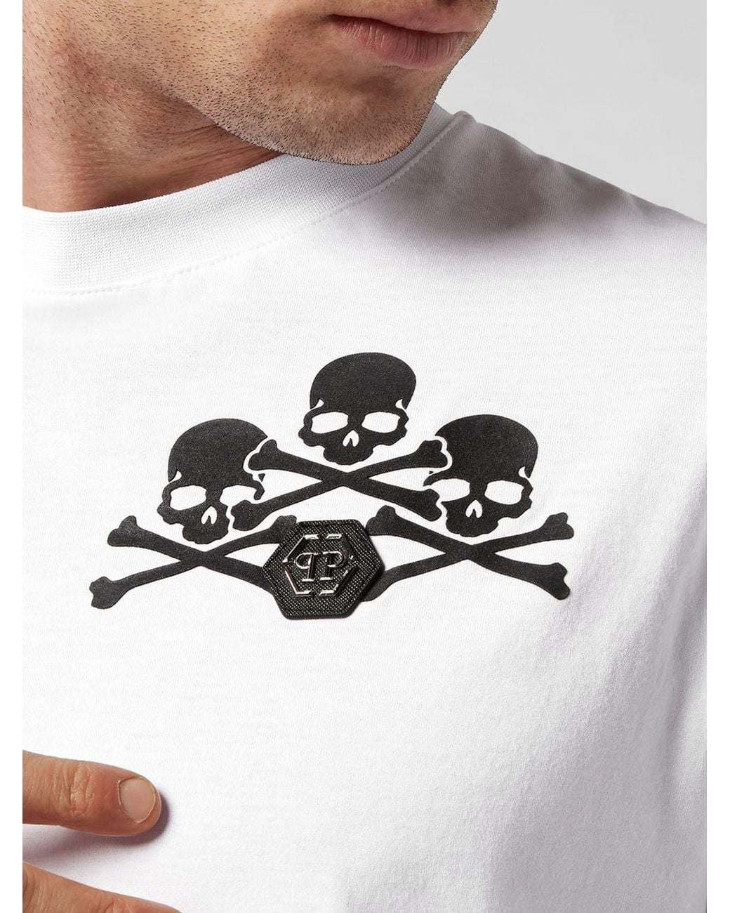 Philipp Plein White Cotton T-Shirt With Skull Print And Monogram Motif for men