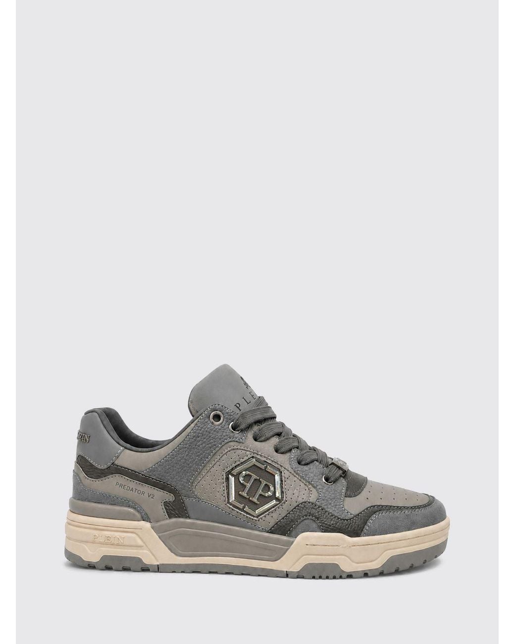 Philipp Plein Gray Predator V2 Low-Top Leather Trainers With Hexagon Logo for men