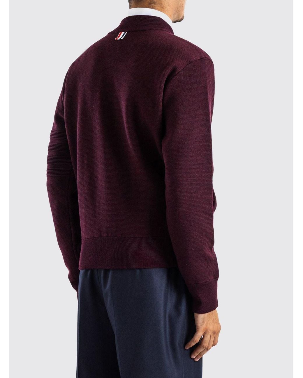 Thom Browne Purple Wool Knit Zip-Up Sweatshirt With Bomber Collar And 4-Bar Motif for men