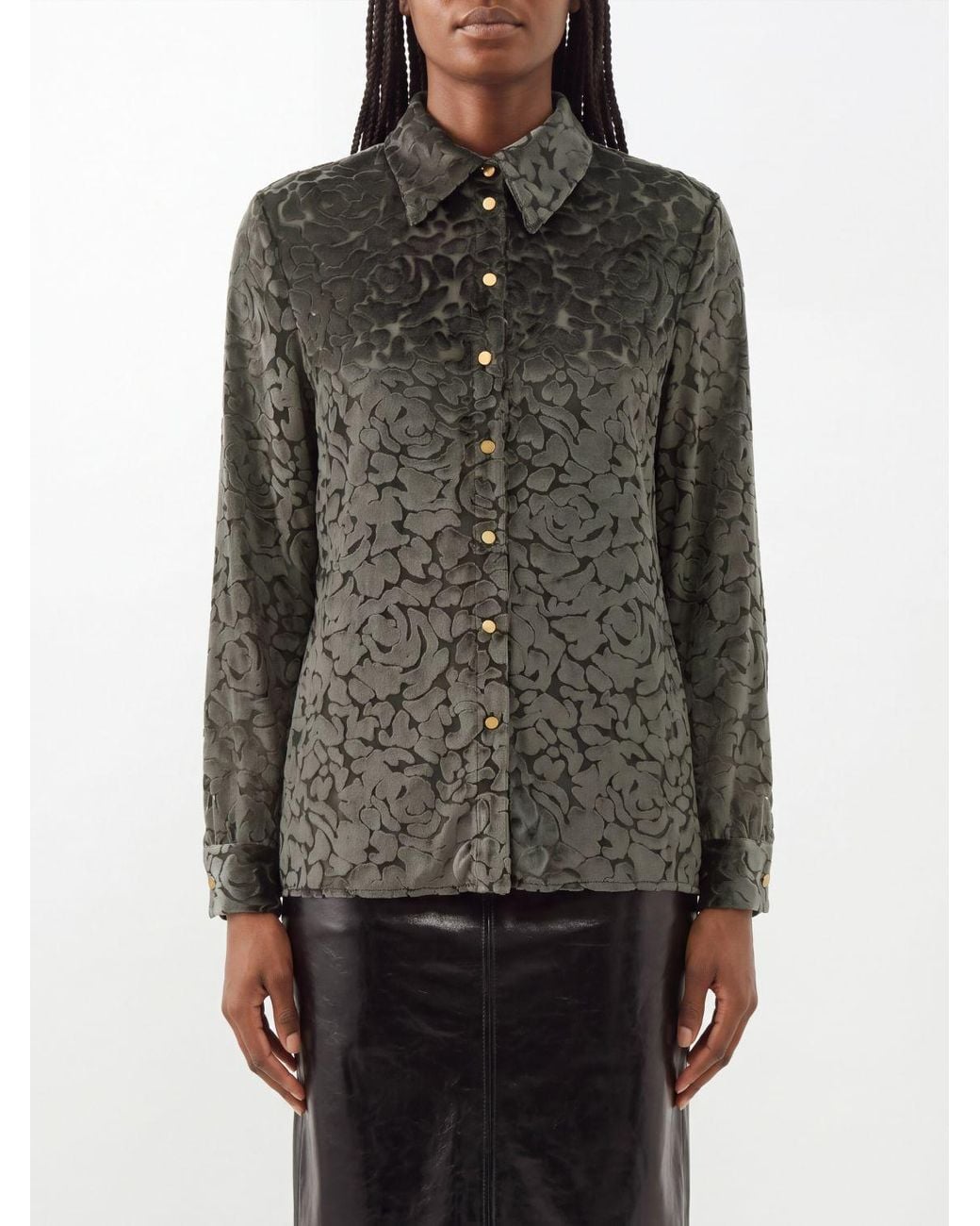Alberta Ferretti Gray Long-Sleeved Velvet Shirt With A Classic Collar