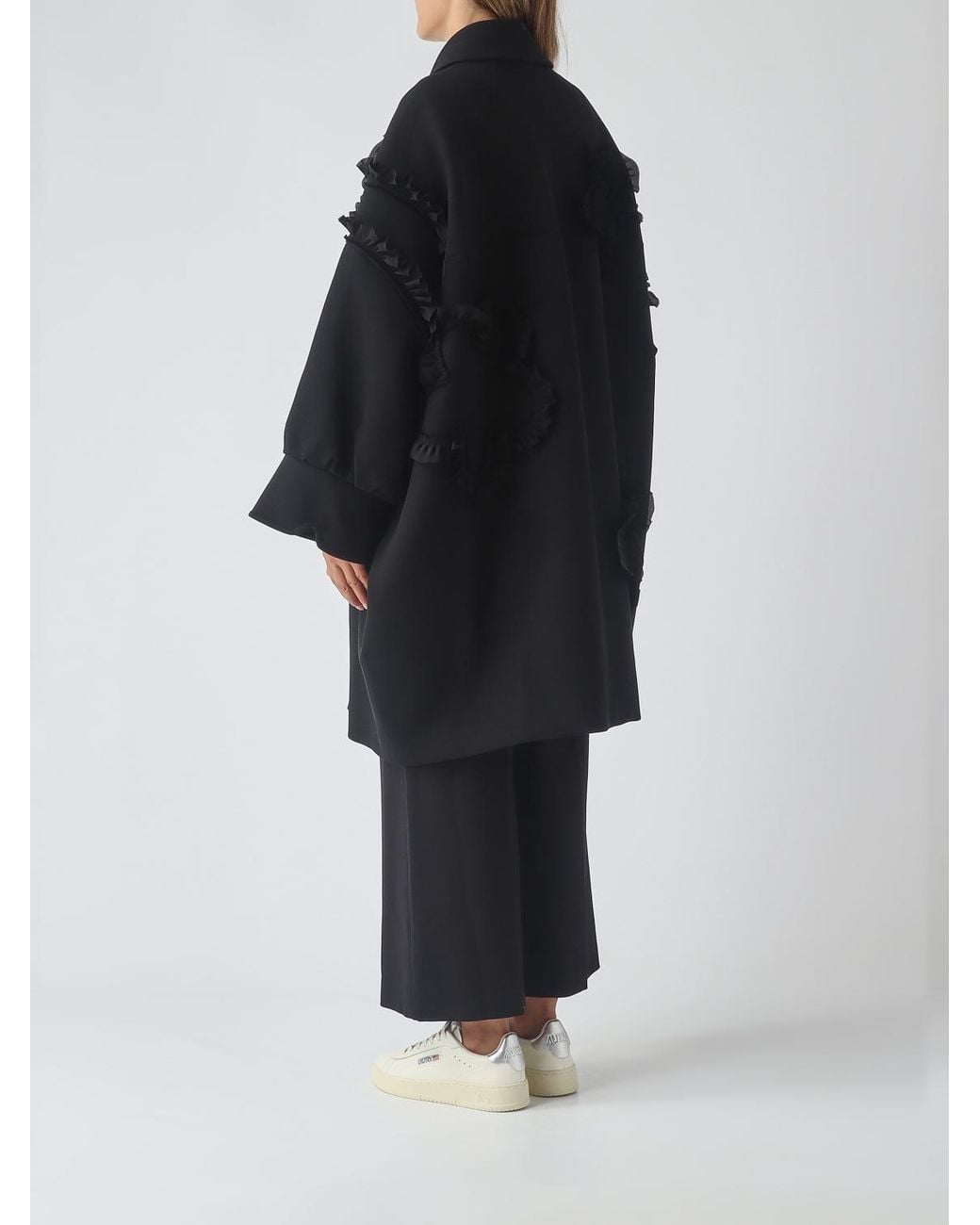 MEIMEIJ Black Oversized Single-Breasted Wool Blend Coat With Floral Appliqué