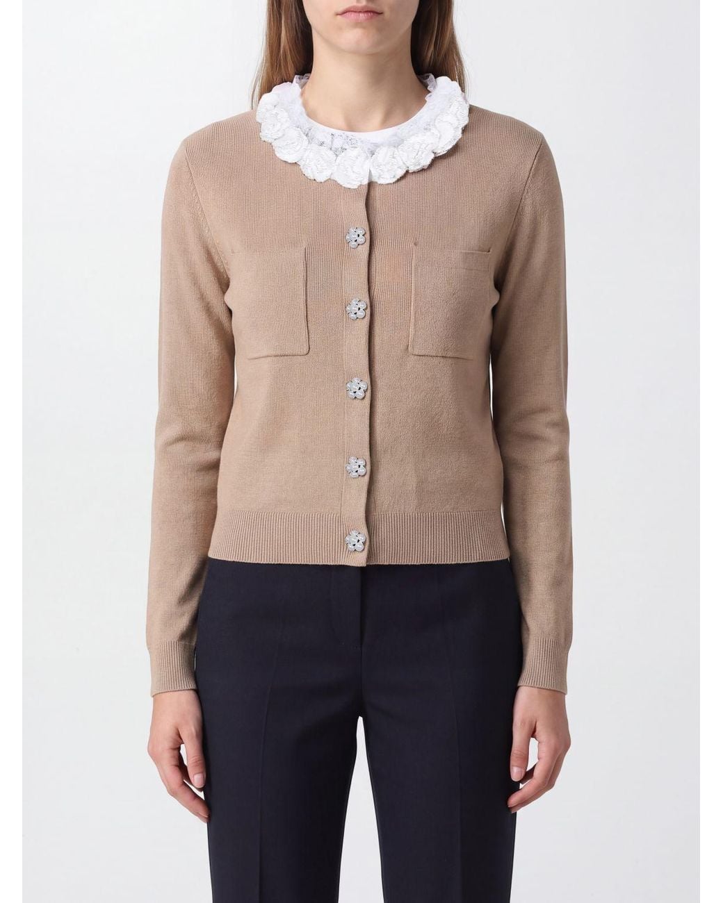 Self-Portrait Blue Jewelled Collar Wool Blend Cardigan With Decorative Buttons